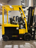 2023 HYSTER E65XN 6500 LB 48 VOLT ELECTRIC FORKLIFT CUSHION 89/130" 2 STAGE FULL FREE LIFT MAST SIDE SHIFTING FORK POSITIONER 672 HOURS STOCK # BF9112959-BUF